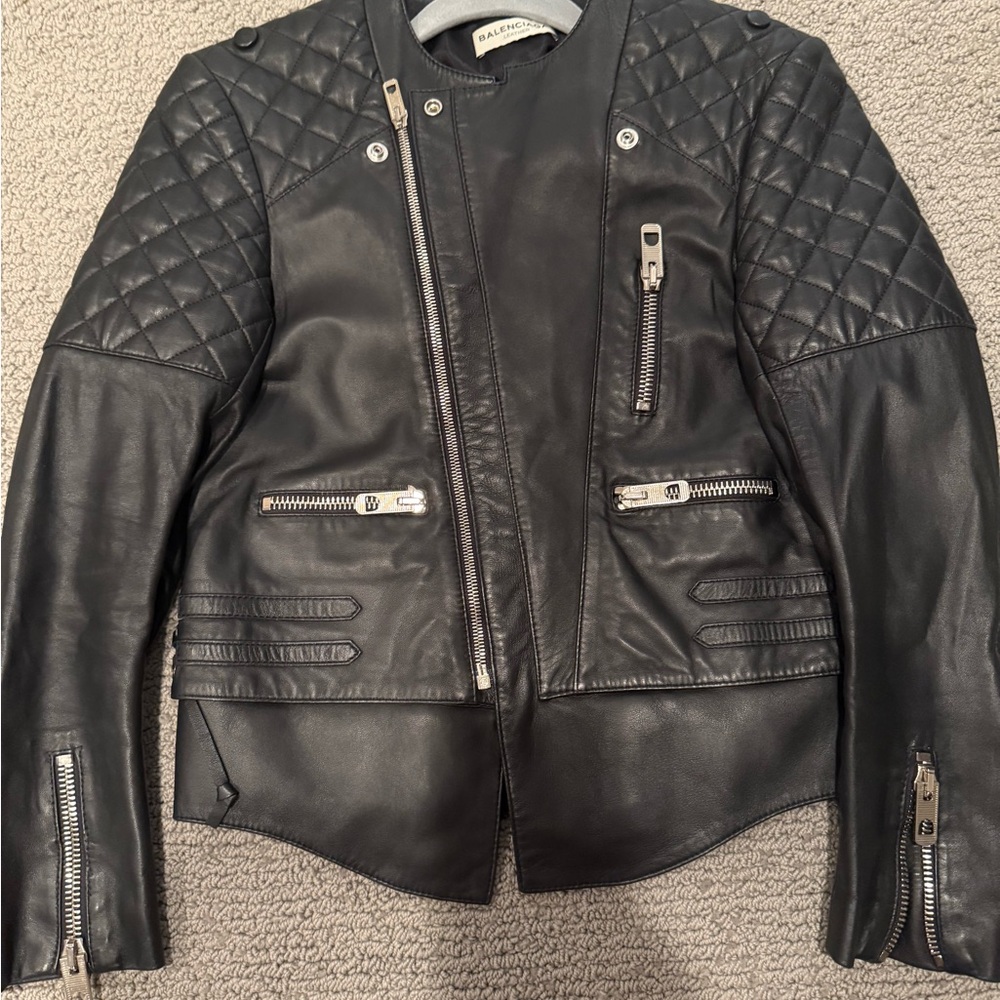 Balenciaga Black Leather Biker Jacket with Quilted Sleeves
